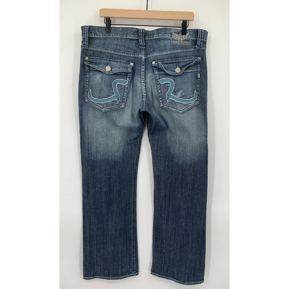 Rock & Republic Jeans Mens 40 Blue Taylor Embroidered Y2K Flap Pocket Fade - Picture 3 of 12